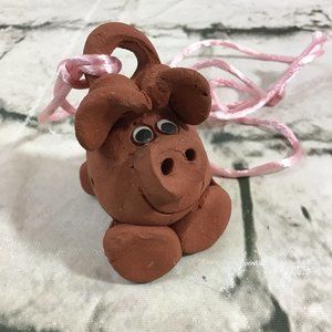 Clay Piggy Piglet 2” Figural Charm On Pink Cord Handmade Pottery Animal Vintage